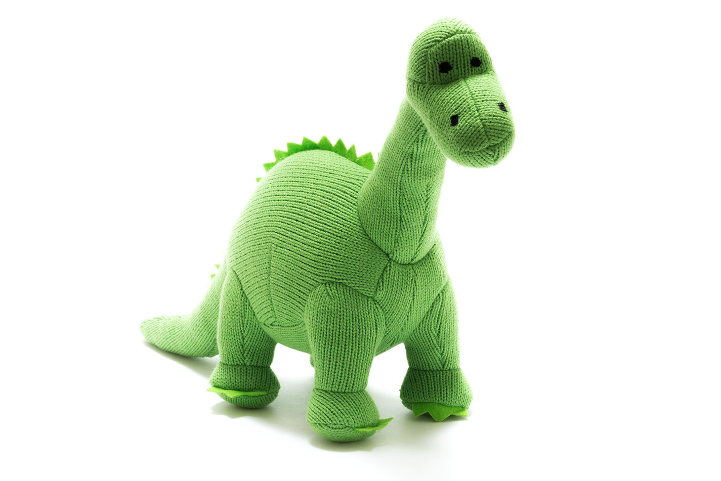 Small green, orange and stripe knitted stegosaurus dinosaur baby rattles